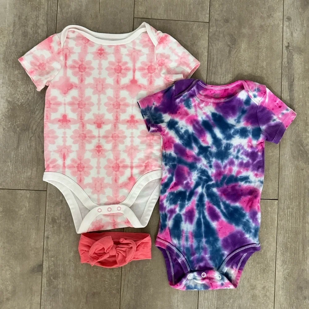 Baby girl 18 month bodysuits and bows bundle tie dye